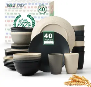 Homienly Kitchen Wheat Straw Dinnerware Set 40 PCS - Dinner Plates, Cereal Bowls, Wheat Straw Cups Set, Microwave and Dishwasher Safe Dishes Set, Unbreakable Dish Set for Party, Outdoor(Grey Stone)