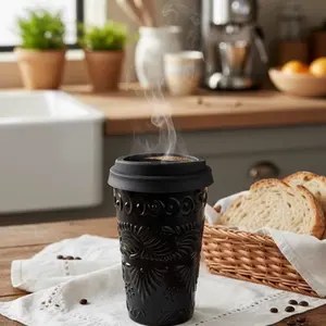 Handmade Talavera Black Thermo - Elegant Ceramic Travel Mug with Intricate Design for Hot Beverages Drinkware