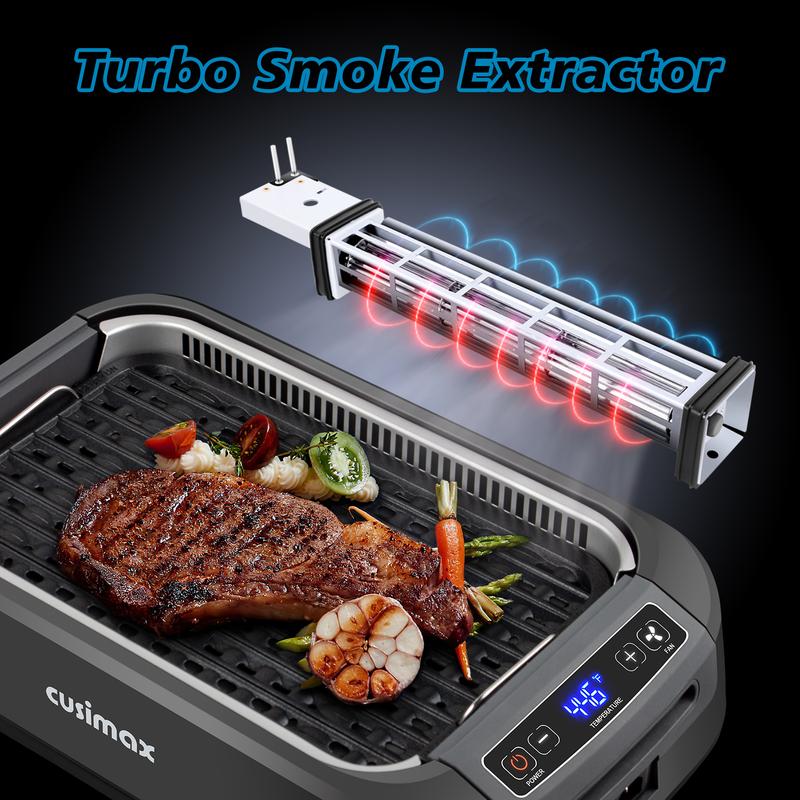 CUSIMAX Smokeless Electric Indoor Grill 1500W Korean BBQ with Non-Stick Removable Plate LED Display & Tempered Glass Lid Grey for Indoor Grilling grill rack electric mini