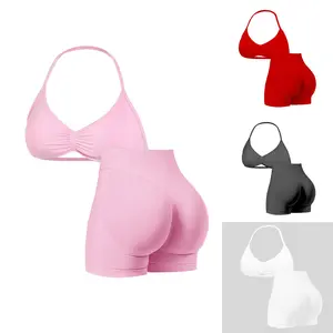 2026 New  Seamless High Elastic Nylon Halter Bra Tight High Waist Hip Lift Pants Set