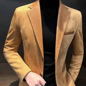Spring Autumn Fashion Long Sleeve Turn-down Collar Patchwork Solid Deer Skin Blazers Men's Clothing  Pockets Button To