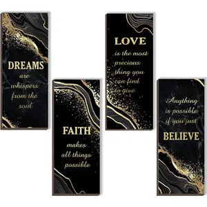 4 count Black and  Bathroom Decor  Wall Decor with Dreams Faith Love Believe Wooden Rustic Marble Style Versatile Bathroom Accessories for Bedroom Living Room Kitchen(Black  10X4)
