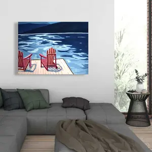 212 MAIN Artistic Nature Scene Wall Art - 36x48 in. Beige Photo Print of Lake Dock with Mountains & Chairs, Home Decor, Room Decorations, Decoration for Office & Living Spaces