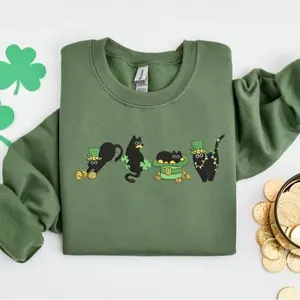 Embroidered Irish Lucky Cats Sweatshirt, Embroidery St Paddys Day Cat Lover Shirt, Lucky Irish Sweater, Cat Shamrocks T-Shirt, Irish Cat Mom