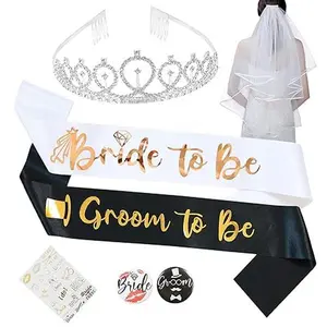 Bride to be,Bridal Shower Decorations,Bridal Shower Favors,Sash,Tiara,Veil,Tattoos,Badges 7 Pack Kit for Bachelorette and Wedding Party Supplies,Bride and Groom to be sash,Gifts for Bride.