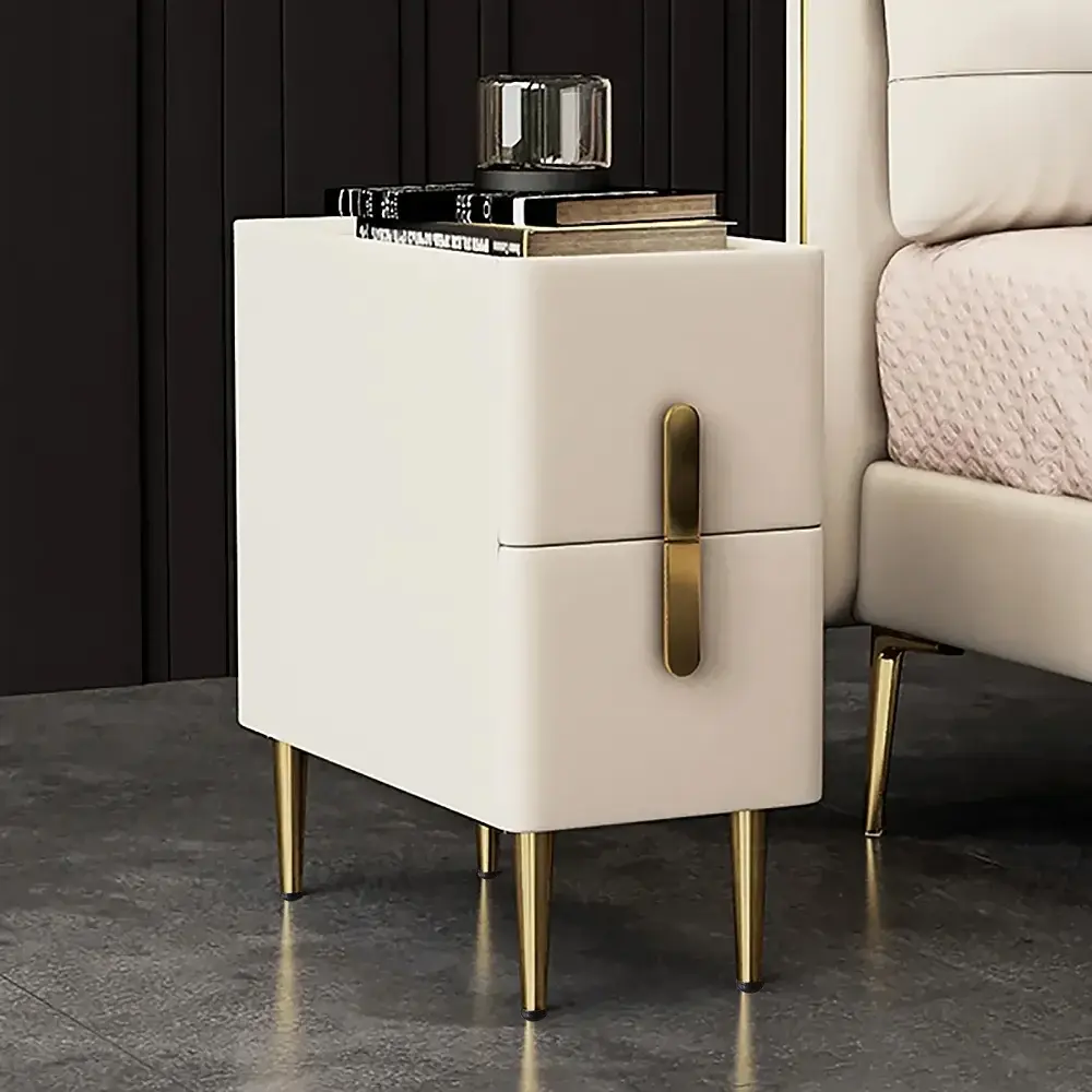 Homary Fashion Beige Rectangle Bedroom Nightstand - 11.8" Wide 19.7" High Compact Apartment-Size Bedside Table with 2 Drawers, Gold Legs, PU Leather Top, Reinforced Guides, Assembly Required, Modern