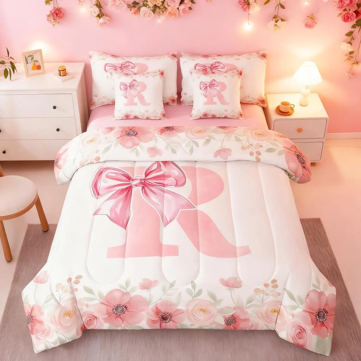 Bowknot Bedding Sets for,Initial Letter R Bed in A Bag Women,Pink Floral Monogrammed Bed Set Bedroom Decor Dreamy Princess Bow Comforter Set with Sheets