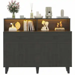 Garvee Storage Cabinet  with 6 Drawers and Adjustable Shelves, Wood Coffee Bar Station Table with Power Outlets & LED Light, Coffee Bar Station for Dining Living Room Home Office