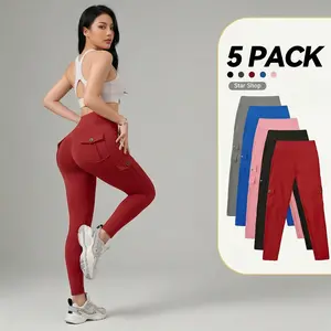 Women's High Waisted Yoga Leggings Ultra Soft Buttery Smooth 4 Way Stretch Fabric Tummy Control Slim Fit Workout Pants with Cargo Pockets for Gym Fitness Running and Daily Casual Wear 5 Pack Variety Womenswear summervibes Activewear