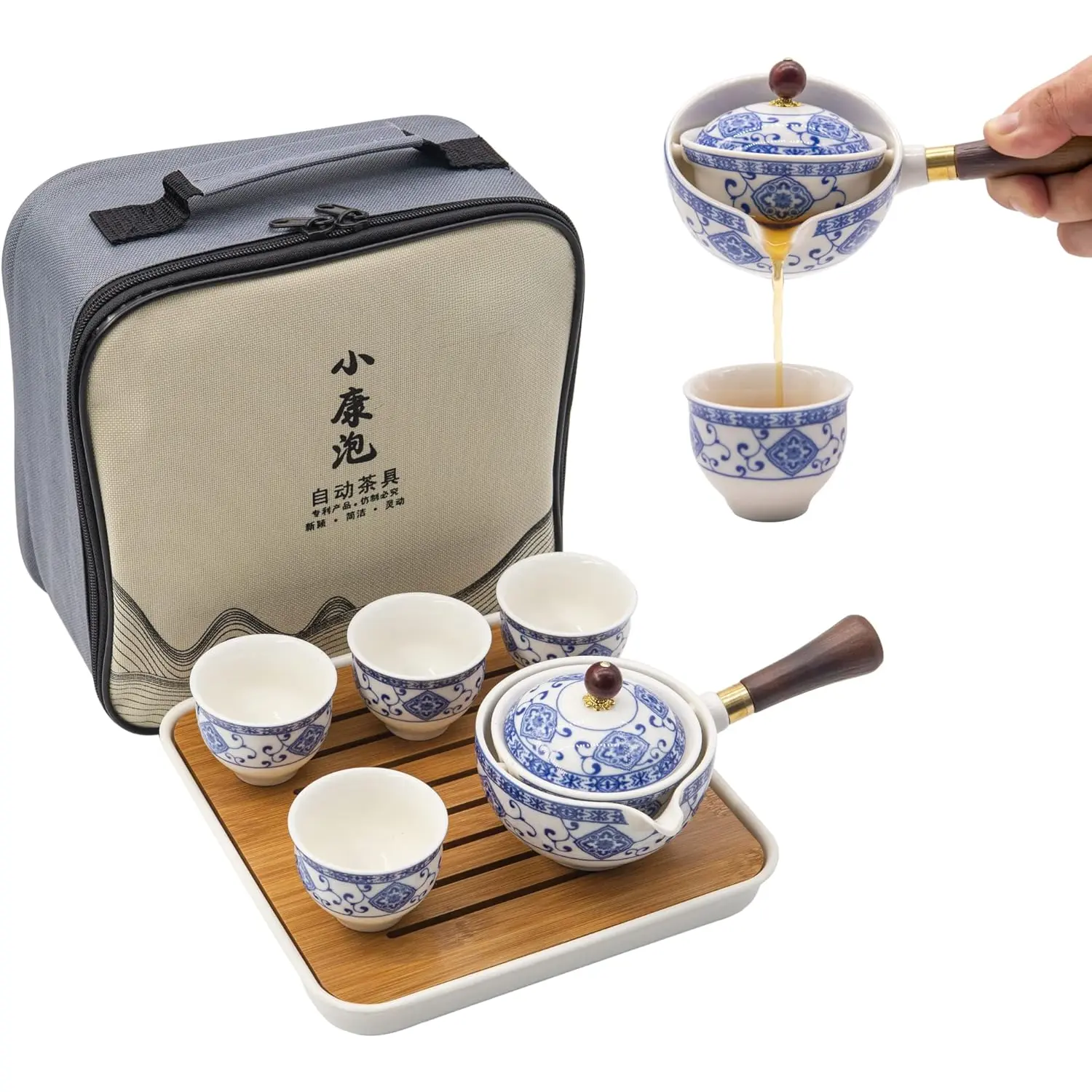 Porcelain  Gongfu Tea Set,Portable Teapot Set with 360 Rotation Tea maker and Infuser,Portable All in One Gift Bag for Travel,Home,Gifting,Outdoor and Office (Floral White)