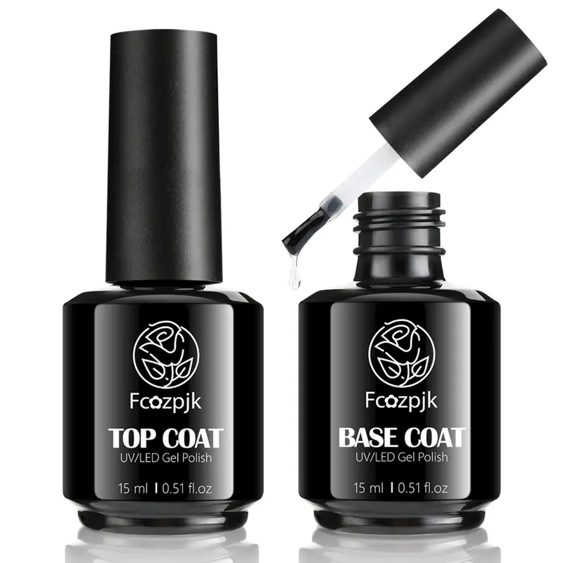Fcozpjk 2Pcs 15ml Anti-Yellowing No Wipe Soak-Off Base & Top Coat Gel Polish Set, Cosmetic Nail Care Bottle Kit with Glossy Finish, Brush-On Nail Adhesive, Drying Support for Adult DIY Home Manicure (Contains Neither Harmful Compounds)