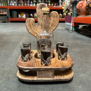 Wood Cactus Tequila Holder - Set of Tequila Bottle and 5 Shot Glasses