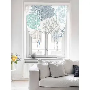 Ocean Coral Starfish Tie Up Window Shade Curtain, Nautical Coastal Shell Curtain for Kitchen Windows, Marine Sealife Adjustable Valance Balloon Curtain, Blue Teal White Rod Pocket Panel 52x45in