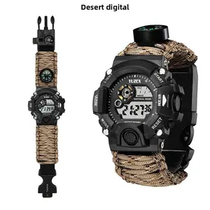 Multifunctional Paracord Waterproof Watch Outdoor Survival Bracelet with Flint Whistle Compass Sports Strap for Camping Hiking