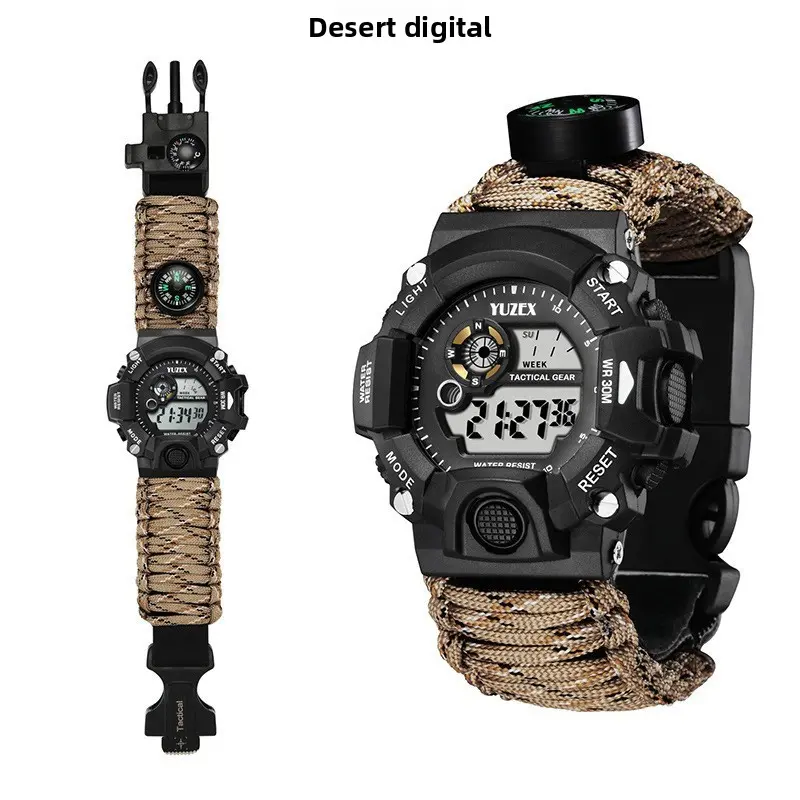 Tactical Survival Watch with Woven Paracord Bracelet - Multifunctional Waterproof Outdoor Gear with Built-in Compass, Whistle & Flint Starter