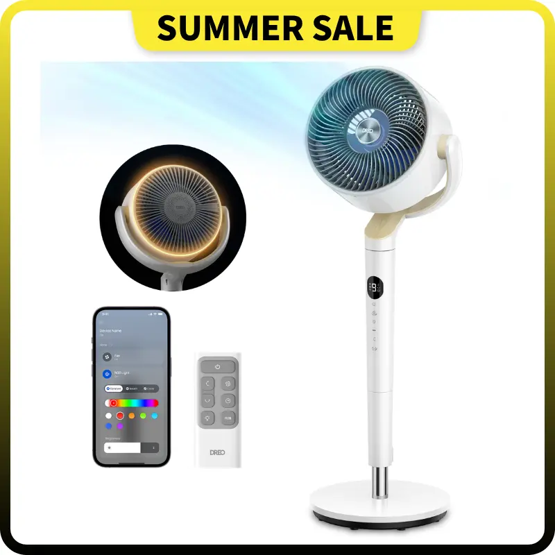 DREO Smart Pedestal Fan for Bedroom, 37-42 in Adjustable Height Cooling Fan, 120°+120° Omni-Directional Oscillation, 20dB Quiet, 9 Speeds, 6 Modes, 8H Timer, RGB Light, Wi-Fi Voice & Alexa Control, Remote Included, Cooling Fans