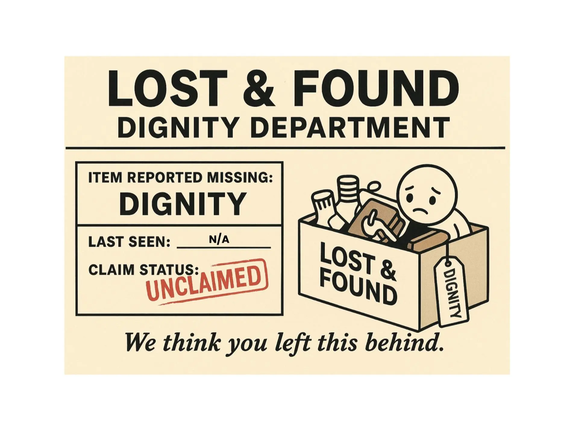 Funny Anonymous Prank Postcard – “Lost & Found: Dignity Department” – Gag Gift, Revenge Mail, Office Humor