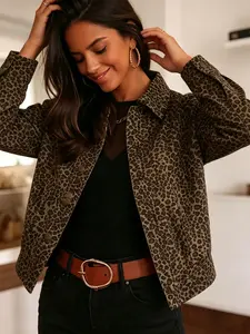Plus size women's fashion beige leopard print lapel cropped Long Sleeve jacket Coats, suitable for spring and summer, perfect for daily commuting, street dates, casual gatherings, and various occasions