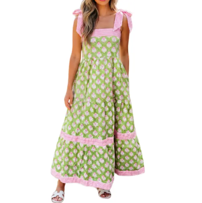 Women Summer Casual Boho Maxi Dress Fashion Floral Tie Shoulder Flowy Long Dress Square Neck Ruffle Tiered Vacation Beach Sundress, Adjustable, Feminine, Breathable, Stretchy, Fit, Pockets, Chic, Soft