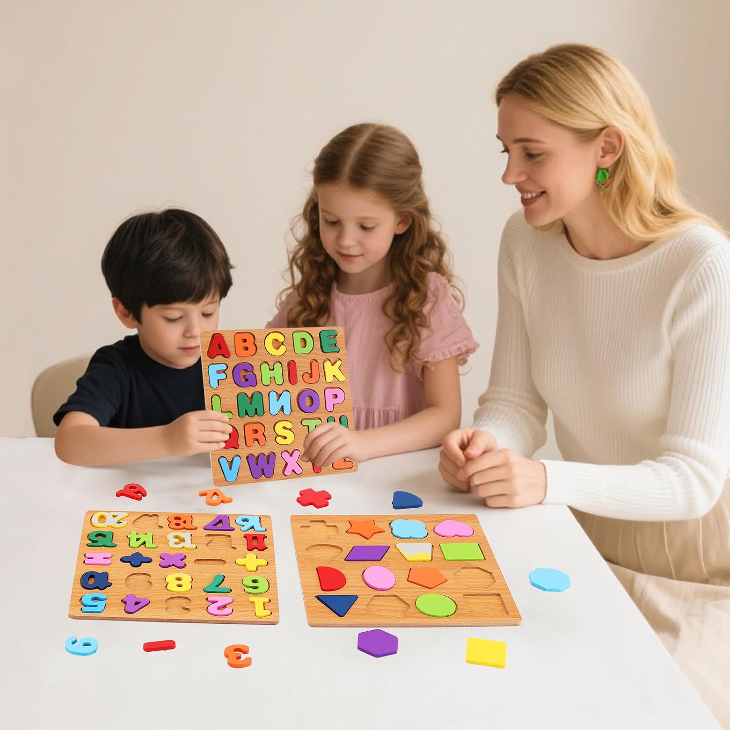 3-Pack Wooden Alphabet Puzzle Set, Unisex Preschool Montessori Educational Toys for 3-5 Years Kids with ABC Letter, Number & Shape Learning, Kids Learning Materials for Boys & Girls