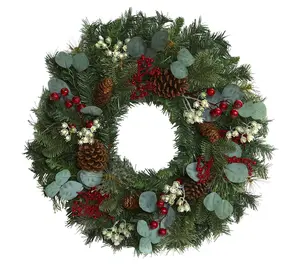 Nearly Natural 24" Eucalyptus,Pine Wreath w/Ber ries,Pine Cone