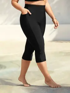 Women's BLOOMCHIC Plus-Size Mid-Rise Cropped Tight Rashguard Swim Bottoms, Spandex-Nylon Fabric, Tammy Control, Summer Turn-Up, With Pocket, Fit for Sizes M-6X, 2026 Mother's Day Pick 2026 Summer Vibes Legging Swimweek