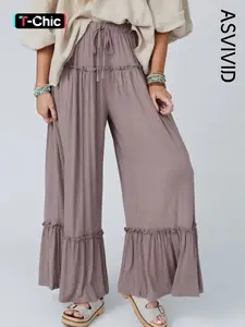 Women's Plain Drawstring Frill Trim Loose Flowy Wide Leg Pants, Casual Boho High Waist Trousers for Summer, Ladies Bottoms for Daily Wear, Feminine Womenswear