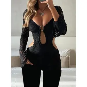 Womenswear Women's Solid Color Backless Jumpsuit, Casual Fashion Long Sleeve Jumpsuit for Spring, Sexy Onesies, Women's Clothes for Daily Wear, Womenswear, Longsleeves, Lady Elegant Fit Jumpsuit, Casual Jumpsuits, Everyday