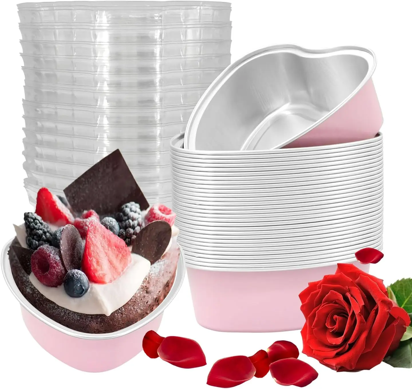 30 Pcs Heart Shaped Cake Pans with Lids, Mini Pink Aluminum Foil Baking Tins 3.4 Oz, Disposable Cupcake Containers for Valentine's Day, Mother's Day, Wedding, Party
