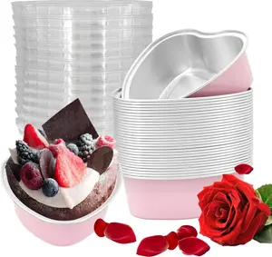 30 Pcs Heart Shaped Cake Pans with Lids, Mini Pink Aluminum Foil Baking Tins 3.4 Oz, Disposable Cupcake Containers for Valentine's Day, Mother's Day, Wedding, Party