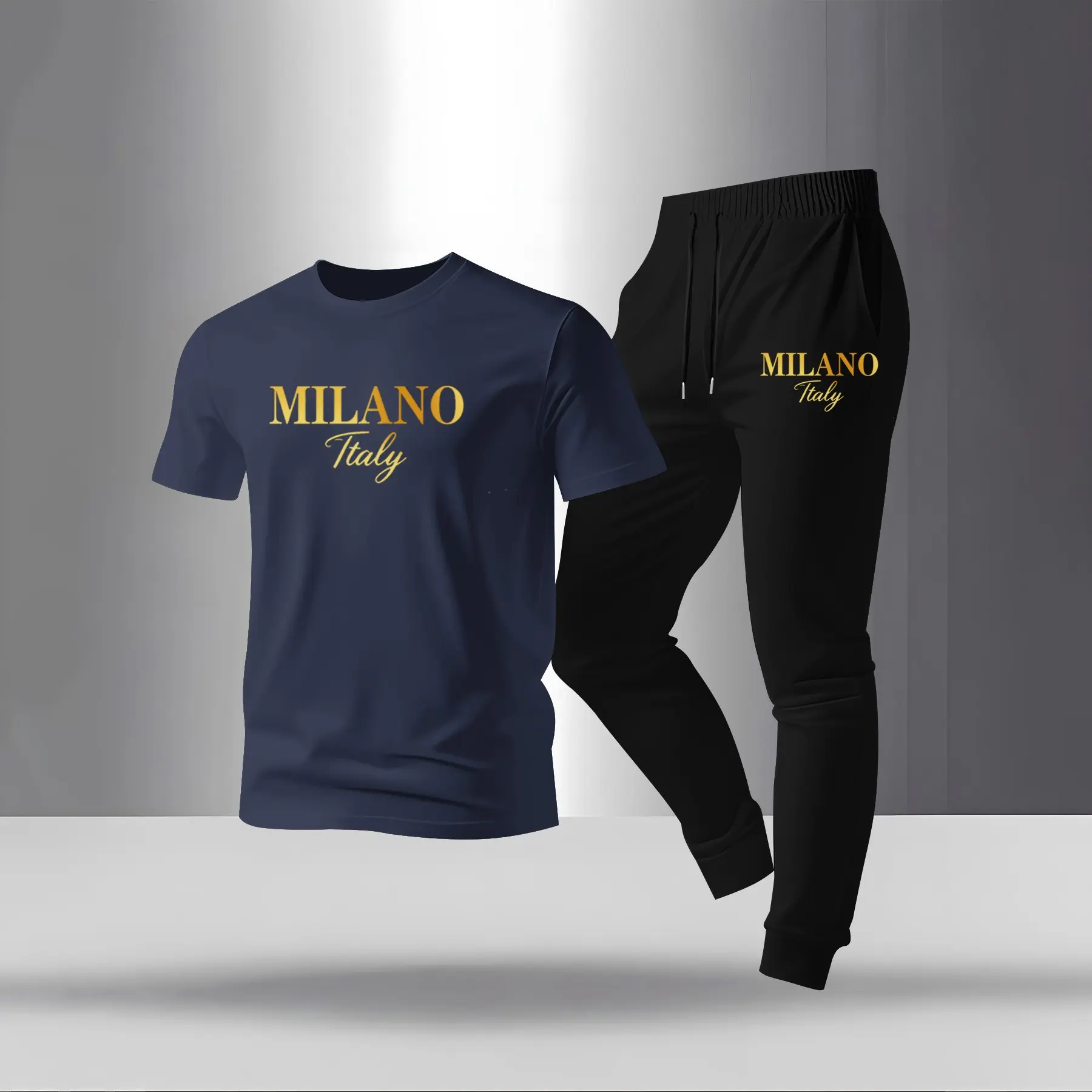 Men's Milan print T-shirt and drawstring belt sweatpants two-piece set, regular fit crew neck short-sleeved T-shirt and jogging pants, summer casual top and sweatpants.