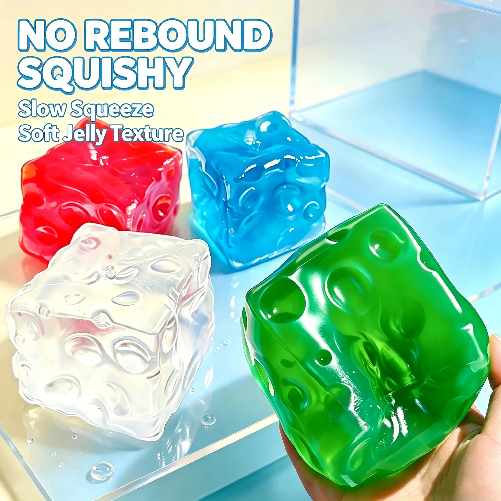 2.76 Inch Transparent Jelly Cheese Cube Squishy Toy Non Rebound Slow Squeeze Fidget Toy Anxiety Stress Relief Desktop Ornament Gift