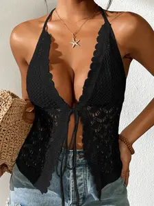 Women's Sexy Knitted Lace-Up Hollow Out Cardigan Top, Slim-Fitting Short Cover Up for Beach Vacation, Plain Pattern Style