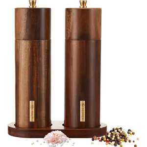 Wooden Salt and Pepper  Set 8 Inch Manual Salt and Pepper Mill with Tray Adjustable Coarseness Refillable  Grinders with  Bottle Label for Kitchen Christmas  ( Color)