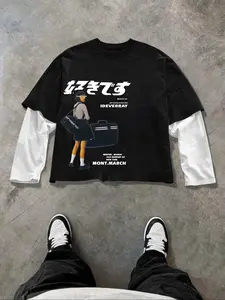 Men's Two-Piece Long Sleeve T-Shirt, Slim Fit, Casual Street Style, Japanese Girl Pattern, Fashionable Daily Wear, Perfect Gift Choice