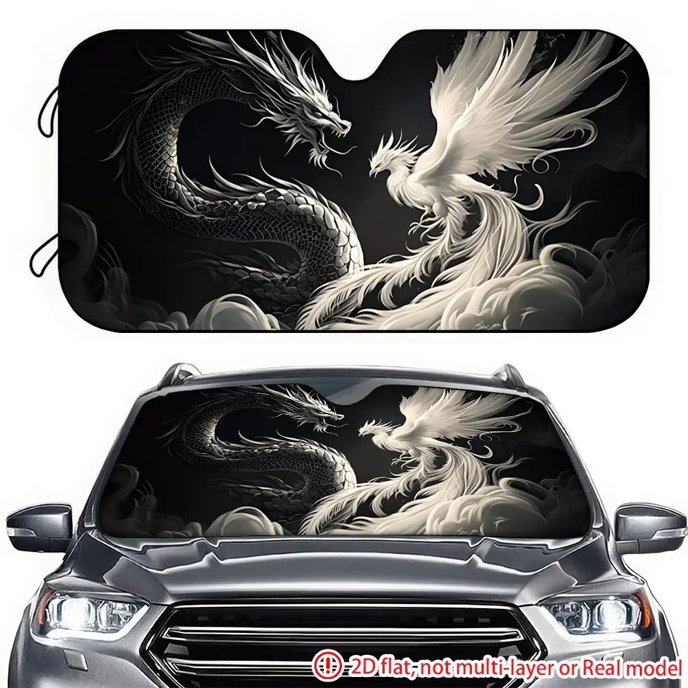 1pc black and white Dragon Phoenix Chengxiang car sun visor 2D high-definition printing, car sun visor effectively blocks sunlight, suitable for decorating the front windshield of General Motors, RVs, and SUVs