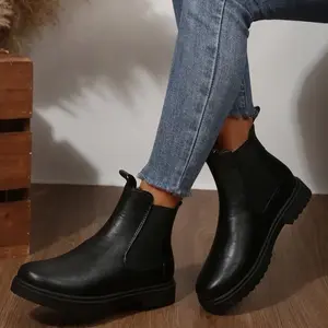 Women's Winter Chelsea Boots - Slip-On Warm Fleece-Lined Snow Boots with Durable Rubber Sole, Comfortable Fabric Insole, and Quality Man-Made Upper Materials Walking Shoes Girl Footwear YMM068-1 Black Thick Sole Boots Women's New Fashionable All-Purpose B