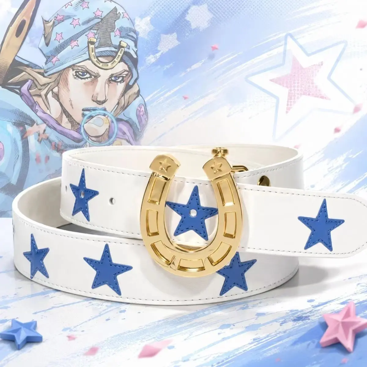 Inkhausstore-Inkvaultarchive JoJo's Bizarre Adventure Retro-Punk Style: Star-Embellished Leather Belt with Horseshoe-Shaped Buckle (Blue & White Color-Block Design)