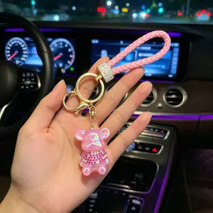 Dazzling Bear Car Key Chain, Gradient Electroplated Violent Bear Pendant, Braided Leather Wrist Strap, Sparkly Rhinestone Key Ring, Women's Bag Charm