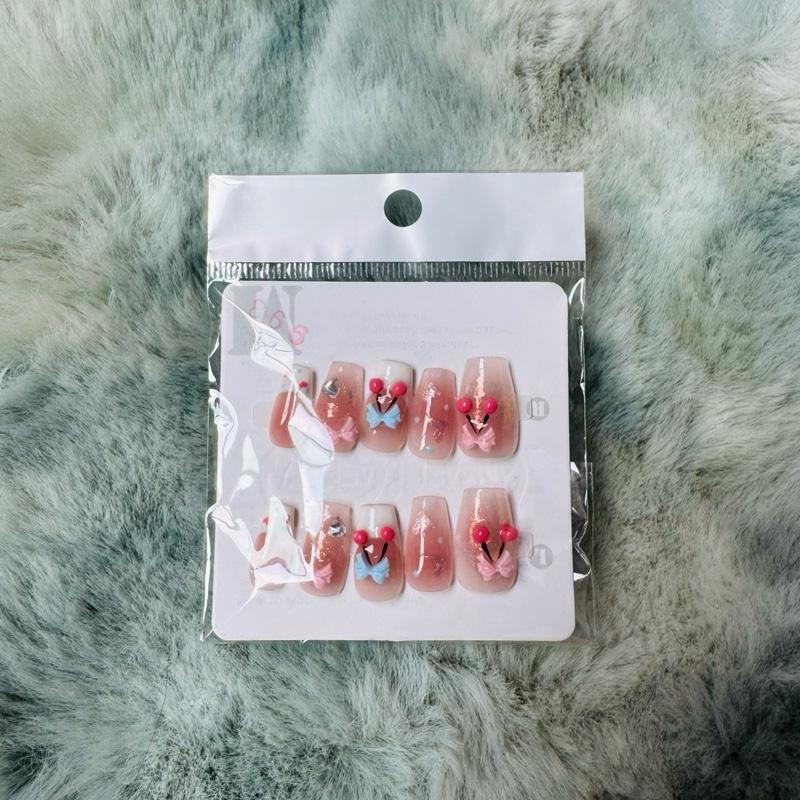 Sweet Cherry Blossom - 3D Bow & Cherry Press-On Nails | Short Square Design | 10PCS Handmade Glossy Nails with 3D Charms & Pastel Bows for a Kawaii Look