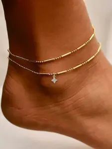 Women's Four-Leaf Clover Pendant Anklet Set, Micro-Paved Cubic Zirconia Double Layer Foot Jewelry, Casual Daily Wear Accessory