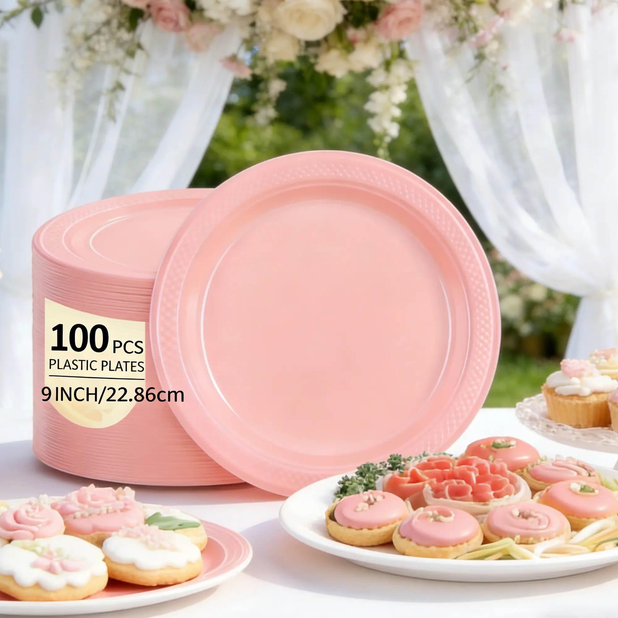 Disposable Dinnerware 100-Pcs Boxed Set, 9-in Thick Durable Eco-Friendly Pink Plastic Plates, Disposable Party Dessert Plates for Weddings, Birthdays