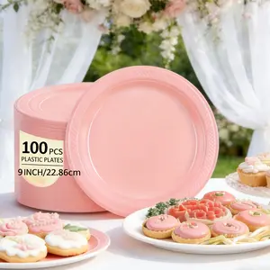100-pcs set of 9-inch pink plastic plates, disposable party dessert plates, suitable for heavy parties, weddings, birthdays, Valentine's Day and other holidays.