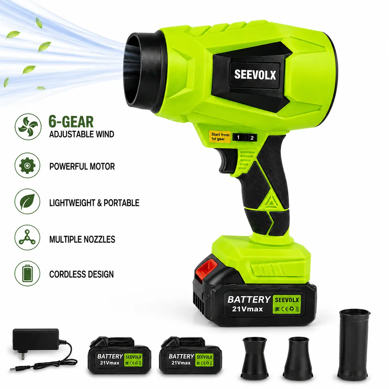 SEEVOLX Turbo Jet Blower with 2 Free Batteries, 6-Speed Adjustable, One-Touch Switch, Cordless Leaf Blower, Violent Turbo Fan, Pure Copper Motor, Car Drying, Handheld Snow Blower, Air Duster, Home & Garden Holiday Gifts