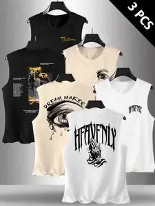 Men's Summer Casual Sleeveless Vest, Letter Pattern Print, Outdoor Sports Wear, Daily Versatile, 3 Pack Set, Top