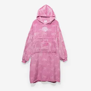 ML Marleylilly Monogrammed XL Blanket Hoodie - Oversized Fleece Pullover with Pink Bow Pattern & Phone Pocket for Women