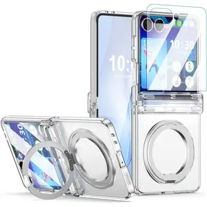Case Designed for Samsung Galaxy Z Flip 7 Case Magnetic with Hinge Protection& Screen Protector & Kickstand [Compatible with MagSafe],Slim Protective Phone Case Cover for Z Flip 7 - Clear