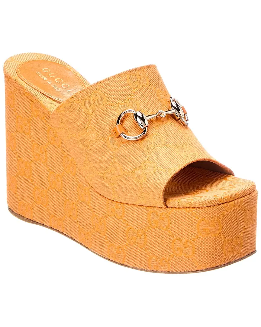 Gucci Horsebit GG Supreme Canvas & Leather Wedge Sandal