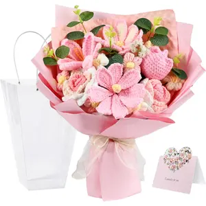 18Pcs Handmade Crochet Flower Bouquet Knitted Yarn Flowers with Bag & Card Artificial Rose Daisy Birthday for Mom from Daughter and Husband Pink