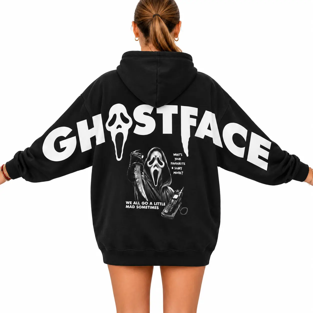 Ghostface Arm to Arm Hoodie Gildan, Scream Horror Graphic Hoodie, Woodsboro Slasher Halloween Hoodie, Spooky Movie Pullover, Horror Fan Gift
